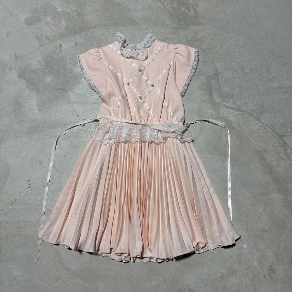 Vintage Dorissa of Miami Pink Girls 7 Dress Bow Frilly Pleated Skirt Fancy Doll